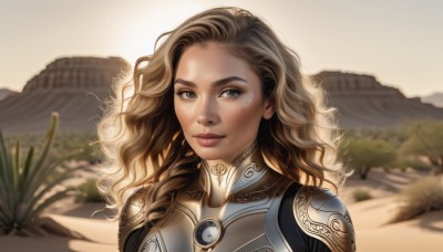 1girl,solo,long hair,looking at viewer,smile,blue eyes,brown hair,upper body,outdoors,parted lips,armor,blurry,lips,grey eyes,eyelashes,bodysuit,makeup,blurry background,wavy hair,portrait,freckles,curly hair,breastplate,realistic,nose,desert,blonde hair,brown eyes,tree,plant,backlighting