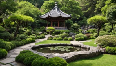 outdoors,day,tree,no humans,grass,building,nature,scenery,forest,rock,stairs,road,bush,architecture,east asian architecture,shrine,path,stone lantern,water,plant,moss,stone,pond