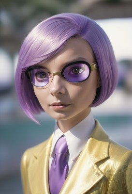 1girl,solo,looking at viewer,short hair,bangs,shirt,brown eyes,closed mouth,school uniform,jacket,white shirt,upper body,purple hair,necktie,glasses,collared shirt,blurry,lips,makeup,blurry background,swept bangs,sunglasses,bob cut,blazer,portrait,realistic,nose,yellow jacket,purple necktie,purple-framed eyewear,jewelry,green eyes,earrings,artist name,eyelashes,formal,suit,lipstick