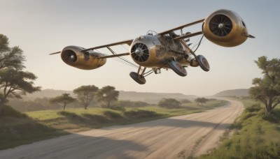 outdoors,sky,day,tree,military,no humans,shadow,grass,nature,scenery,forest,flying,aircraft,airplane,road,vehicle focus,world war ii,propeller