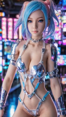 1girl,solo,breasts,looking at viewer,short hair,bangs,blue eyes,navel,cleavage,twintails,medium breasts,closed mouth,blue hair,standing,collarbone,multicolored hair,cowboy shot,choker,blurry,collar,lips,blurry background,revealing clothes,realistic,jewelry,armor,short twintails,science fiction