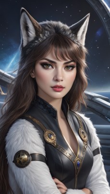 1girl,solo,long hair,breasts,looking at viewer,brown hair,long sleeves,animal ears,cleavage,brown eyes,jewelry,medium breasts,closed mouth,yellow eyes,upper body,earrings,sky,nail polish,lips,fur trim,fox ears,eyelashes,makeup,night,crossed arms,lipstick,star (sky),night sky,red nails,starry sky,freckles,realistic,nose,red lips,space,bangs,shirt,white shirt,parted lips,artist name,signature,vest,animal ear fluff,wolf ears,extra ears,spacecraft