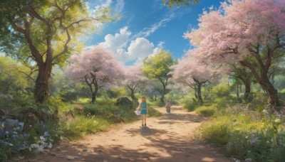 1girl,short hair,skirt,blonde hair,brown hair,shirt,1boy,dress,standing,flower,outdoors,sky,day,socks,cloud,bag,from behind,tree,blue sky,petals,shadow,animal,sunlight,cat,grass,cherry blossoms,nature,scenery,pink flower,forest,walking,facing away,road,wide shot,path,spring (season),multiple girls,2girls,school uniform,cloudy sky,summer