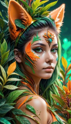 1girl,solo,long hair,looking at viewer,black hair,animal ears,bare shoulders,jewelry,closed mouth,green eyes,upper body,earrings,green hair,artist name,cat ears,blurry,from side,lips,animal ear fluff,eyelashes,makeup,depth of field,blurry background,fake animal ears,leaf,watermark,facial mark,plant,gem,portrait,web address,eyeshadow,freckles,realistic,nose,facepaint,mascara,hair ornament,hairband,fox ears,extra ears,forehead jewel