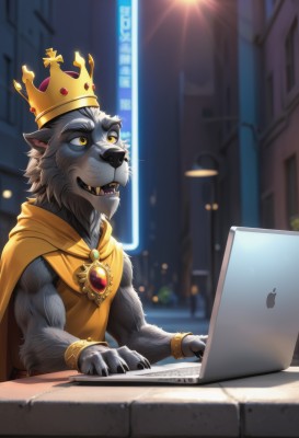 solo,open mouth,1boy,animal ears,jewelry,yellow eyes,upper body,grey hair,male focus,outdoors,teeth,artist name,indoors,signature,cape,blurry,bracelet,night,blurry background,fangs,wolf ears,crown,sharp teeth,brooch,building,gem,claws,furry,furry male,computer,animal nose,laptop,snout,grey fur,smile,shirt,sitting,sky,animal,watermark,web address,city,blue gemstone,red gemstone,green gemstone