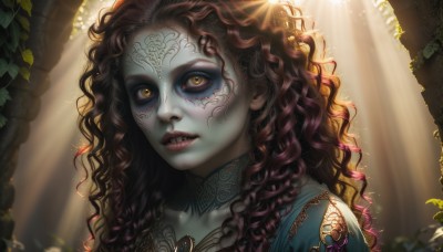 1girl,solo,long hair,looking at viewer,brown hair,jewelry,collarbone,yellow eyes,upper body,red hair,parted lips,teeth,choker,artist name,lips,eyelashes,tattoo,makeup,colored skin,leaf,wavy hair,facial mark,sunlight,plant,lipstick,messy hair,pale skin,portrait,eyeshadow,curly hair,light rays,realistic,nose,facepaint,sunbeam