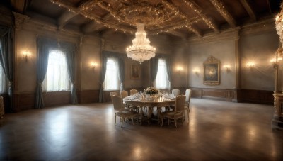 HQ,day,indoors,no humans,window,chair,table,sunlight,curtains,scenery,reflection,light rays,wooden floor,stairs,light,lamp,candle,sunbeam,pillar,painting (object),ceiling,carpet,candlestand,ceiling light,reflective floor,chandelier,wooden chair,flower,plate,vase