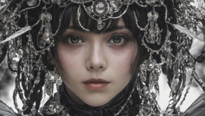 1girl,solo,looking at viewer,short hair,bangs,simple background,black hair,hair ornament,white background,jewelry,closed mouth,earrings,black eyes,lips,grey eyes,feathers,portrait,close-up,realistic,eyelashes,expressionless,veil,freckles,nose