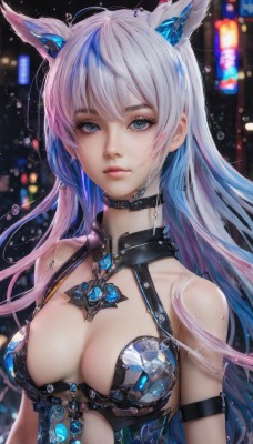 1girl,solo,long hair,breasts,looking at viewer,bangs,blue eyes,animal ears,cleavage,bare shoulders,jewelry,medium breasts,closed mouth,blue hair,collarbone,upper body,pink hair,white hair,multicolored hair,parted lips,choker,artist name,cat ears,blurry,two-tone hair,lips,streaked hair,wet,fox ears,eyelashes,gradient hair,makeup,blurry background,revealing clothes,armlet,nose,mascara,horns,expressionless,gem,water drop,realistic