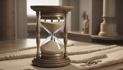 indoors,blurry,no humans,depth of field,blurry background,scenery,wooden floor,statue,still life,carpet,day,table,sunlight,pillar,rug,column