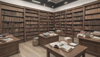 indoors,book,no humans,chair,table,scenery,wooden floor,open book,bookshelf,lamp,shelf,book stack,library,ladder,basket,ceiling,ceiling light,voile