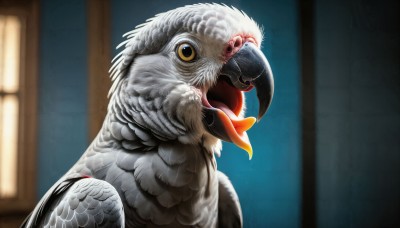 HQ,solo,looking at viewer,open mouth,yellow eyes,tongue,indoors,tongue out,blurry,black eyes,no humans,window,blurry background,bird,animal,realistic,animal focus,beak,upper body,from side,depth of field,feathers