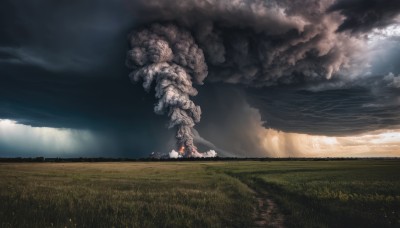 solo,outdoors,sky,cloud,no humans,cloudy sky,grass,fire,scenery,1other,smoke,monster,field,landscape,1girl,dress,day