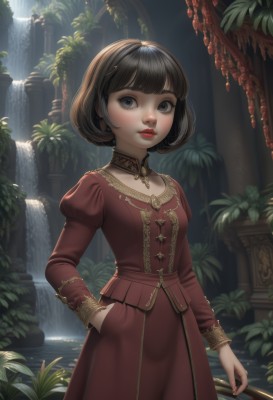 1girl,solo,breasts,looking at viewer,short hair,bangs,skirt,brown hair,black hair,hair ornament,long sleeves,dress,brown eyes,standing,cowboy shot,small breasts,outdoors,parted lips,day,puffy sleeves,artist name,blunt bangs,water,black eyes,tree,lips,grey eyes,makeup,red dress,bob cut,plant,lipstick,juliet sleeves,puffy long sleeves,hand in pocket,red lips,pillar,waterfall,arch,blush,blue eyes,holding,jewelry,closed mouth,necklace,eyelashes,leaf,sunlight,gold trim,nose