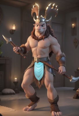 solo,long hair,looking at viewer,smile,blue eyes,brown hair,1boy,navel,holding,animal ears,nipples,standing,full body,weapon,male focus,thighs,horns,pointy ears,indoors,stomach,holding weapon,muscular,abs,pectorals,muscular male,bara,pelvic curtain,furry,large pectorals,topless male,wooden floor,candle,bracer,antlers,furry male,axe,loincloth,brown fur,holding axe,deer ears,hooves,barefoot,artist name,black eyes,facial hair,watermark,helmet,dual wielding,fake horns,horned helmet