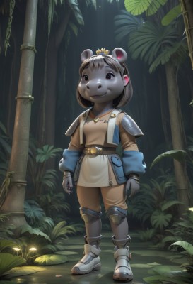 1girl,solo,looking at viewer,smile,short hair,brown hair,animal ears,brown eyes,closed mouth,standing,full body,boots,outdoors,belt,armor,black eyes,tree,white footwear,crown,plant,shoulder armor,child,nature,furry,forest,mouse ears,furry female,female child,knee pads,shoulder pads,pillar,black hair,jewelry,leaf,furry male,bamboo