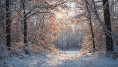 outdoors, tree, no humans, leaf, nature, scenery, snow, forest, autumn leaves, winter, bare tree, autumn