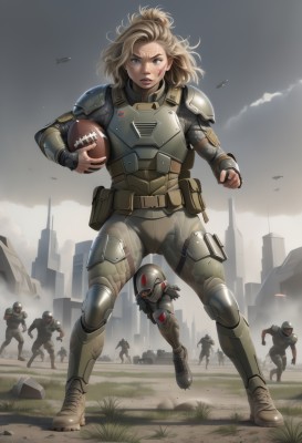 1girl,looking at viewer,blue eyes,blonde hair,holding,full body,weapon,boots,outdoors,parted lips,multiple boys,sky,solo focus,cloud,armor,lips,gun,military,bodysuit,blood,helmet,cloudy sky,grass,shoulder armor,building,ball,headwear removed,science fiction,6+boys,running,pouch,breastplate,blood on face,city,realistic,aircraft,pilot suit,knee pads,shoulder pads,dirty,explosive,power armor,basketball,helmet removed,soldier,helicopter,body armor,long hair,day,rifle,serious,injury,battle,dirty face,fleeing,power suit