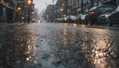 outdoors, sky, signature, blurry, no humans, night, ground vehicle, building, scenery, motor vehicle, city, sign, car, road, vehicle focus, power lines, lamppost, street, utility pole, road sign