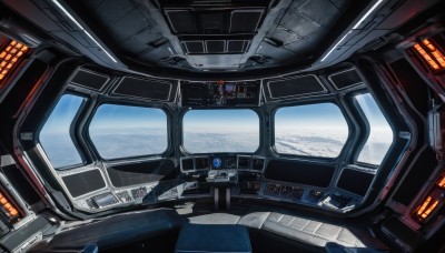 sky,cloud,signature,no humans,window,scenery,reflection,science fiction,realistic,space,planet,earth (planet),spacecraft,cockpit,cable,monitor,spacesuit,screen,seat