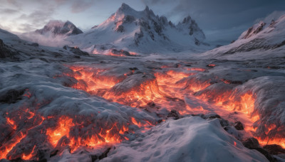 outdoors, sky, cloud, no humans, cloudy sky, fire, scenery, snow, mountain, landscape, molten rock