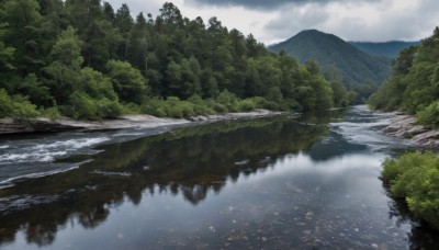 outdoors,sky,day,cloud,water,tree,no humans,cloudy sky,nature,scenery,forest,reflection,mountain,river,landscape,lake,mountainous horizon,reflective water