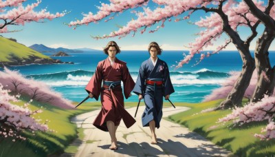 ryougi shiki,smile,short hair,multiple girls,brown hair,black hair,holding,2girls,closed eyes,weapon,outdoors,japanese clothes,sky,barefoot,day,sword,kimono,water,tree,sash,petals,ocean,obi,katana,grass,cherry blossoms,scenery,walking,dual wielding,blue kimono,male focus,multiple boys,2boys,holding weapon,blue sky,shadow,beach,mountain,road