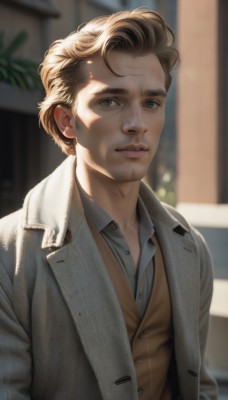 solo,looking at viewer,short hair,blue eyes,blonde hair,brown hair,shirt,1boy,jacket,upper body,male focus,outdoors,parted lips,day,collared shirt,indoors,blurry,vest,lips,coat,grey eyes,buttons,blurry background,facial hair,scar,realistic,grey jacket,nose,stubble,brown eyes,open clothes,artist name,open jacket,dress shirt,depth of field,building,brown jacket,brown vest