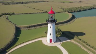 outdoors,day,tree,no humans,shadow,grass,building,nature,scenery,road,bridge,river,tower,landscape,path,sky,water,forest,bush,house,lake,scarlet devil mansion,lighthouse