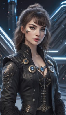 1girl,solo,long hair,breasts,looking at viewer,bangs,brown hair,long sleeves,cleavage,brown eyes,jewelry,medium breasts,closed mouth,jacket,upper body,earrings,open clothes,belt,open jacket,lips,black jacket,fur trim,makeup,facial mark,lipstick,science fiction,realistic,nose,red lips,leather,facial tattoo,parted lips,artist name,watermark,web address,hands in pockets,cyberpunk