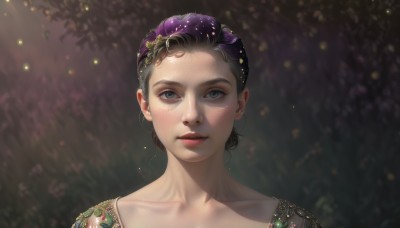 1girl,solo,looking at viewer,short hair,blue eyes,black hair,hair ornament,jewelry,closed mouth,collarbone,purple hair,multicolored hair,blurry,lips,eyelashes,makeup,leaf,sunlight,portrait,freckles,realistic,nose,straight-on,dappled sunlight,simple background,dress,flower,parted lips,black background,gem,light particles,eyeshadow,red lips,dark background