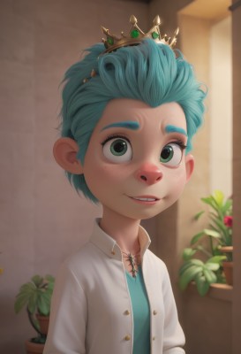 1girl,solo,looking at viewer,smile,short hair,shirt,jewelry,green eyes,blue hair,jacket,white shirt,upper body,parted lips,open clothes,teeth,artist name,indoors,necklace,blurry,lips,eyelashes,aqua hair,buttons,blurry background,tiara,crown,plant,child,web address,forehead,freckles,female child,potted plant,green hair,signature,open jacket,white jacket,thick eyebrows