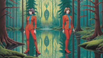 short hair,multiple girls,brown hair,black hair,long sleeves,2girls,brown eyes,standing,jacket,pants,high heels,tree,makeup,bob cut,lipstick,nature,forest,reflection,red lips,mushroom,red pants,formal,suit,dual persona,symmetry,different reflection