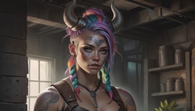 1girl,solo,long hair,breasts,looking at viewer,bangs,cleavage,bare shoulders,brown eyes,jewelry,medium breasts,green eyes,blue hair,collarbone,upper body,ponytail,pink hair,purple hair,braid,multicolored hair,earrings,parted lips,green hair,horns,teeth,artist name,indoors,dark skin,necklace,twin braids,two-tone hair,dark-skinned female,lips,window,tattoo,makeup,scar,facial mark,plant,portrait,nose,red lips,fake horns,arm tattoo,shoulder tattoo,aqua hair,gradient hair,piercing,sunlight,ear piercing,freckles,shelf,nose piercing,eyebrow piercing,multiple braids