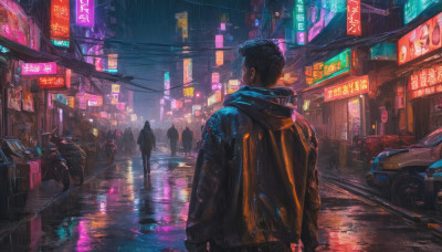 black hair, jacket, outdoors, multiple boys, solo focus, from behind, dutch angle, night, ground vehicle, building, scenery, motor vehicle, science fiction, rain, 6+boys, city, sign, realistic, car, road, motorcycle, street, cyberpunk, neon lights, crosswalk