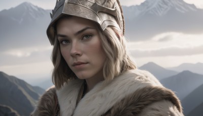 1girl,solo,long hair,looking at viewer,blonde hair,brown hair,brown eyes,closed mouth,outdoors,sky,day,cloud,blurry,lips,fur trim,blurry background,helmet,portrait,freckles,mountain,realistic,nose,sunlight,scenery,backlighting