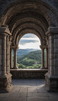 outdoors,sky,day,cloud,tree,blue sky,no humans,sunlight,cloudy sky,building,nature,scenery,stairs,mountain,road,architecture,ruins,bridge,pillar,landscape,arch,column,wall