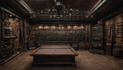 indoors,dutch angle,no humans,scenery,science fiction,door,light,cable,ceiling,ceiling light,industrial pipe,chair,table,wooden floor,stairs,realistic