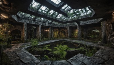 outdoors,day,indoors,tree,dutch angle,no humans,window,sunlight,grass,plant,nature,scenery,stairs,fantasy,light,ruins,arch,moss,overgrown,water,vines