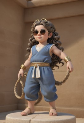 1girl,solo,long hair,looking at viewer,brown hair,holding,jewelry,closed mouth,standing,full body,sleeveless,belt,pants,indoors,bracelet,lips,sash,toes,wavy hair,sandals,sunglasses,rope,curly hair,smile,brown eyes,tail,artist name,watermark,aged down,child,round eyewear