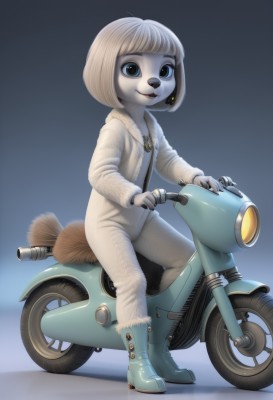 1girl,solo,looking at viewer,smile,short hair,bangs,blue eyes,blonde hair,animal ears,jewelry,tail,full body,white hair,earrings,boots,artist name,blunt bangs,necklace,gradient,gradient background,bodysuit,blue background,bob cut,ring,ground vehicle,motor vehicle,furry,broom,white skin,blue footwear,furry female,riding,body fur,white fur,motorcycle,animal nose,open mouth,coat,fur trim,genderswap,genderswap (mtf),zipper,fur-trimmed boots,scooter