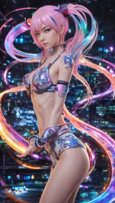 1girl,solo,long hair,breasts,looking at viewer,bangs,blue eyes,hair ornament,navel,cleavage,bare shoulders,twintails,jewelry,medium breasts,underwear,blue hair,standing,swimsuit,pink hair,bikini,multicolored hair,cowboy shot,earrings,parted lips,choker,nail polish,bra,blurry,bracelet,from side,lips,streaked hair,tattoo,heterochromia,armlet,blue nails,realistic,bikini armor,very long hair,armor,night,watermark