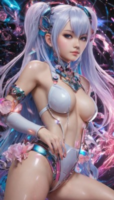 1girl,solo,long hair,breasts,looking at viewer,bangs,blue eyes,hair ornament,navel,cleavage,bare shoulders,twintails,medium breasts,very long hair,flower,thighs,cowboy shot,parted lips,detached sleeves,shiny,artist name,nail polish,shiny hair,leotard,two side up,lips,fingernails,shiny skin,detached collar,headgear,revealing clothes,breasts apart,skin tight,science fiction,shiny clothes,realistic,nose,center opening,blue hair,armlet