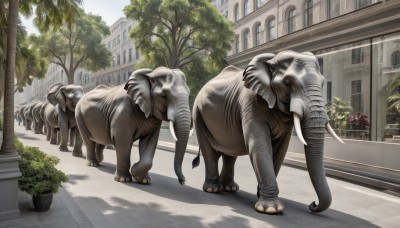 outdoors,horns,day,tree,no humans,window,shadow,animal,plant,building,scenery,monster,dog,city,realistic,potted plant,road,street,statue,tusks,dinosaur,standing,sky,tiger,elephant