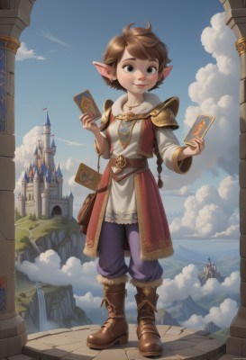 1girl,solo,long hair,looking at viewer,blush,smile,blue eyes,brown hair,holding,jewelry,closed mouth,standing,full body,braid,earrings,boots,outdoors,sky,day,pointy ears,pants,cloud,water,necklace,bag,armor,blue sky,fur trim,brown footwear,knee boots,cloudy sky,building,pouch,city,card,fantasy,castle,holding card,short hair,long sleeves,belt,lips,book,thick eyebrows,pendant,holding book,mountain,fur-trimmed boots,cliff,floating island