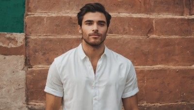 solo,looking at viewer,brown hair,shirt,black hair,1boy,brown eyes,closed mouth,white shirt,upper body,short sleeves,male focus,collared shirt,black eyes,dress shirt,buttons,facial hair,beard,realistic,stubble,wall,partially unbuttoned,short hair,dark skin,dark-skinned male,brick wall