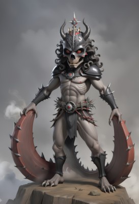 solo,long hair,black hair,red eyes,1boy,holding,jewelry,standing,tail,full body,weapon,male focus,horns,teeth,armor,mask,muscular,abs,helmet,sharp teeth,shoulder armor,claws,pelvic curtain,spikes,pauldrons,skull,loincloth,monster boy,glowing,glowing eyes,smoke,rock