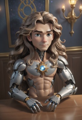 solo,long hair,looking at viewer,smile,blue eyes,brown hair,1boy,navel,sitting,closed mouth,nipples,upper body,male focus,artist name,indoors,blurry,grey eyes,muscular,wavy hair,abs,table,thick eyebrows,pectorals,topless male,candle,mechanical arms,cyborg,single mechanical arm,prosthesis,prosthetic arm,candlelight,blonde hair,nude,window,mechanical hands