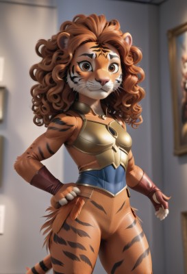 1girl,solo,long hair,breasts,looking at viewer,smile,brown hair,gloves,animal ears,brown eyes,closed mouth,standing,tail,thighs,cowboy shot,small breasts,artist name,indoors,fingerless gloves,armor,blurry,hand on hip,bodysuit,blurry background,animal print,clenched hand,furry,clenched hands,curly hair,breastplate,furry female,tiger ears,tiger print,body fur,tiger tail,picture frame,tiger girl,orange fur,pants,facial mark,aged down,child,meme,female child,whisker markings,whiskers