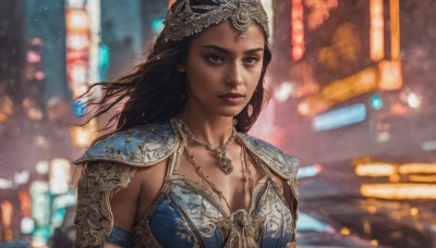 1girl,solo,long hair,breasts,brown hair,black hair,dress,cleavage,brown eyes,jewelry,medium breasts,upper body,outdoors,parted lips,dark skin,necklace,armor,blurry,dark-skinned female,lips,looking to the side,depth of field,blurry background,blue dress,tiara,shoulder armor,pauldrons,realistic,nose,looking at viewer,cape,night,wind,armlet